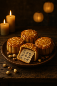 Mooncake with candles festive background
